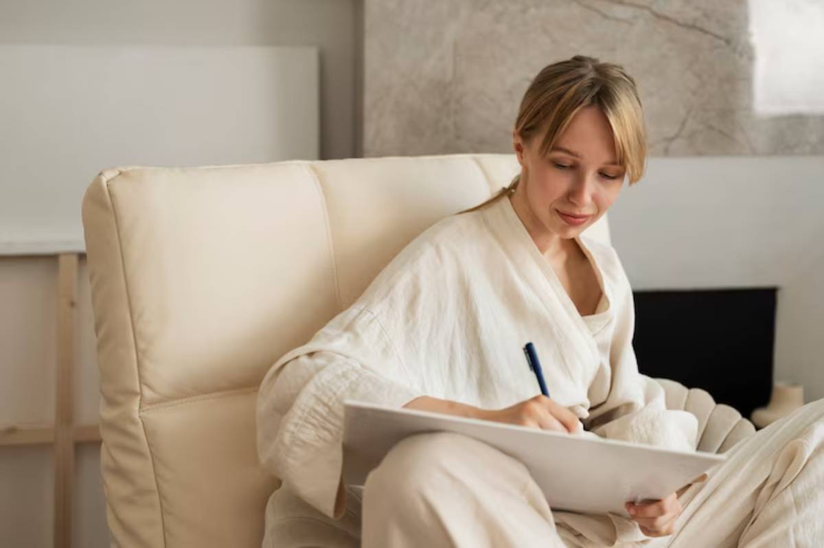 A person in a light-colored robe sits on a cream chair, drawing on a sketchpad, surrounded by minimalistic decor.