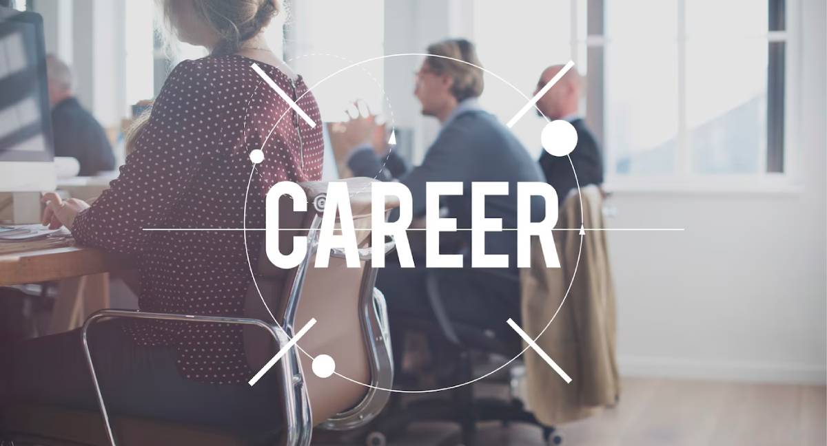 A professional workspace with individuals engaged in discussions, and the bold word CAREER emphasized in the center.
