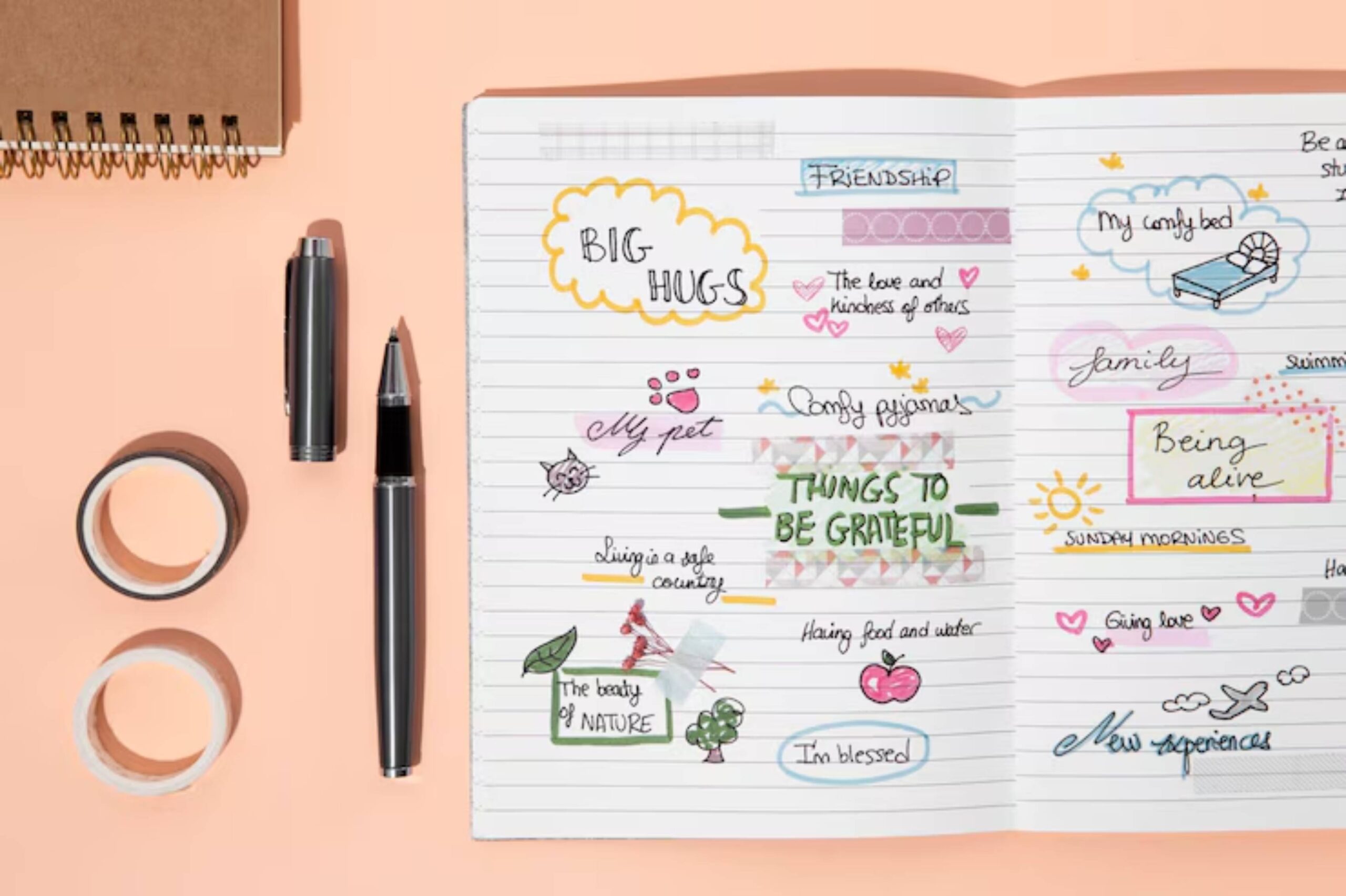 A colorful gratitude journal page lists things to be thankful for, including family, pets, nature, and experiences, with decorative sketches.