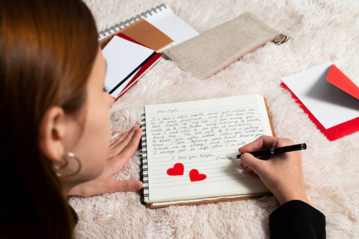 A person writes a heartfelt letter in a notebook, with two red heart doodles, surrounded by colored envelopes and stationery.