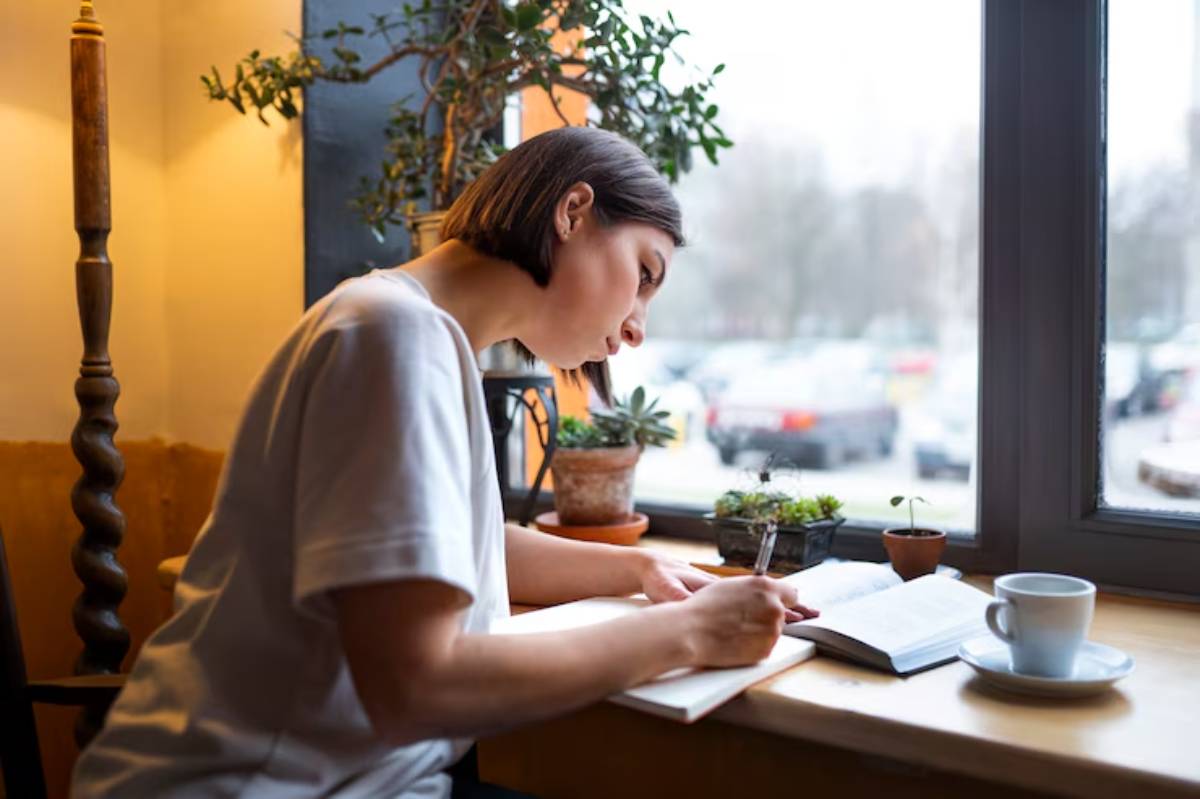 A person writes in a notebook by a window, surrounded by plants, with a cup of coffee on the table and a cozy atmosphere.
