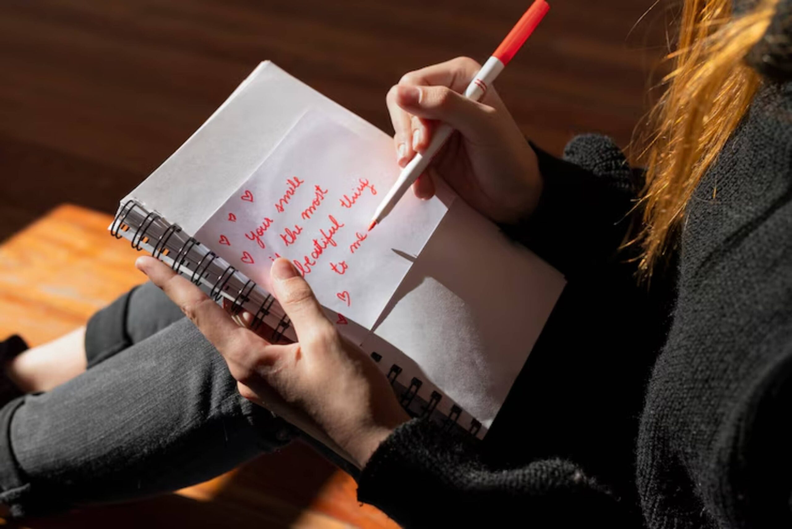 A person with long hair writes with a red pen in a notebook, with the phrase 