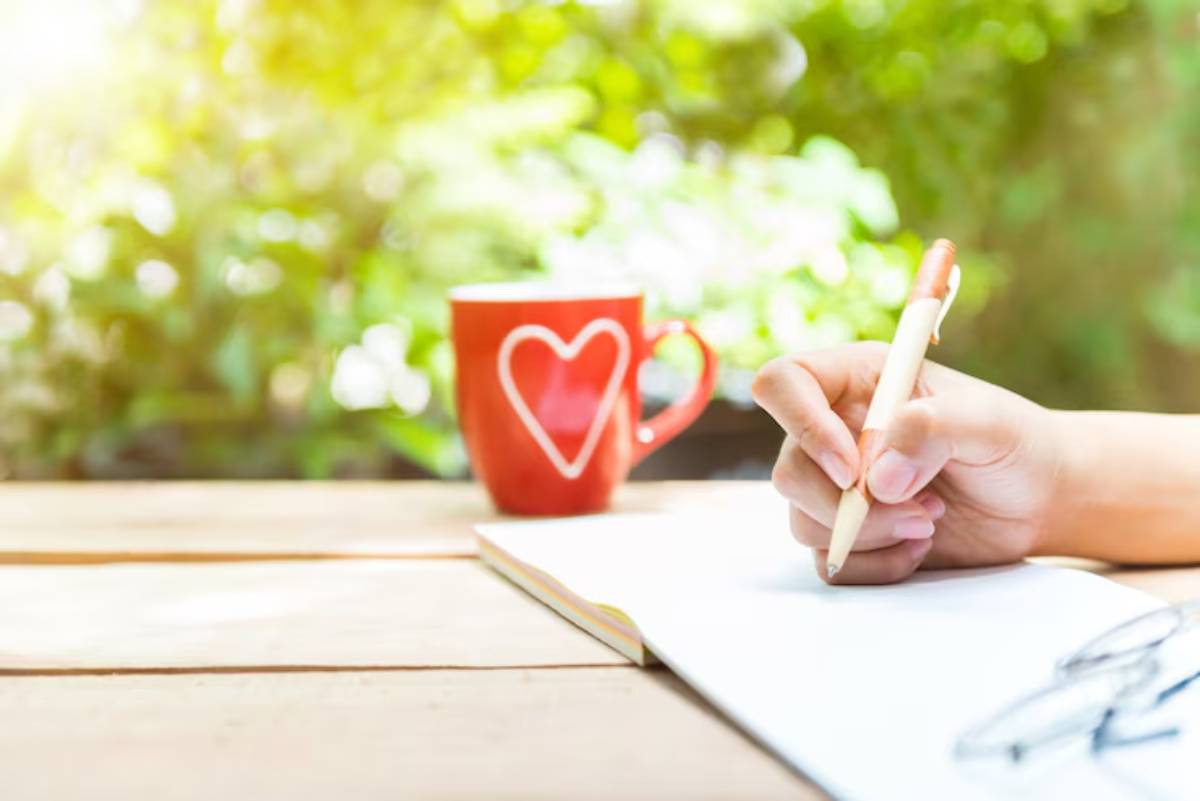 A hand holds a pen above a blank page, with a heart-patterned red mug in the background, set against a lush green outdoors.
