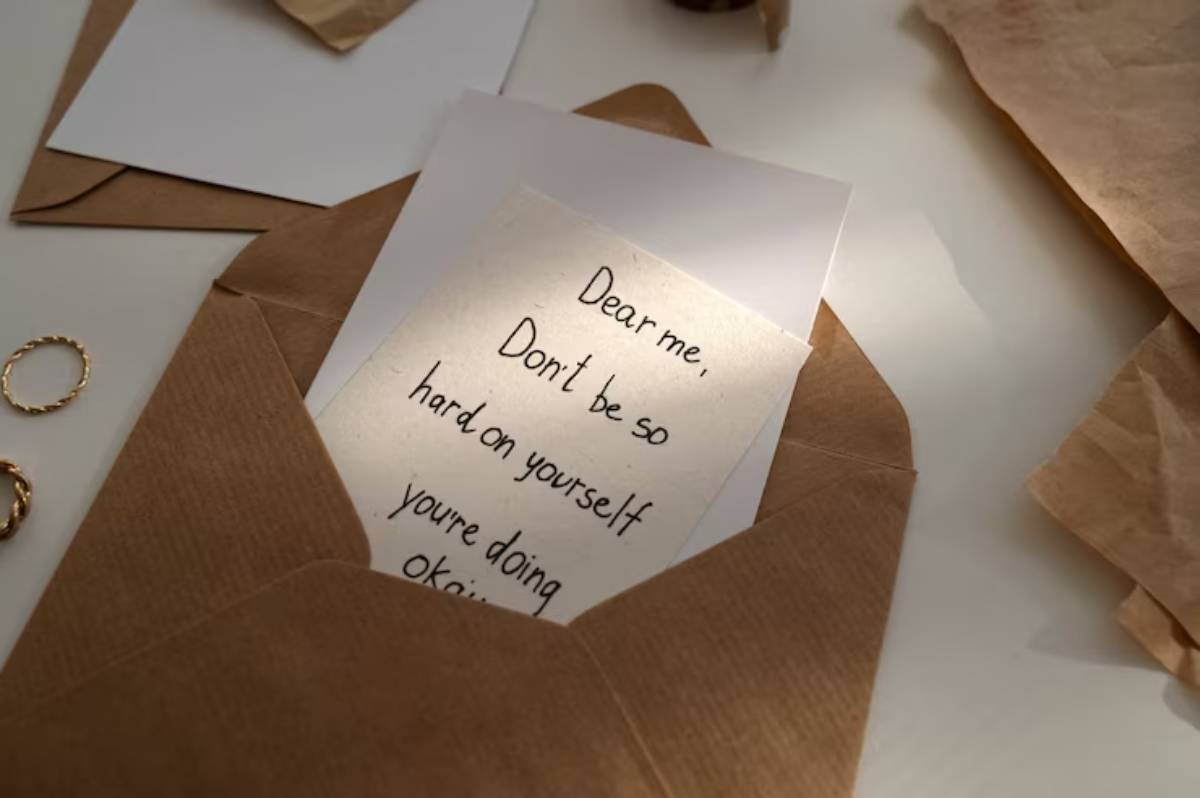 A brown envelope reveals a handwritten note encouraging self-compassion, surrounded by paper and gold rings.