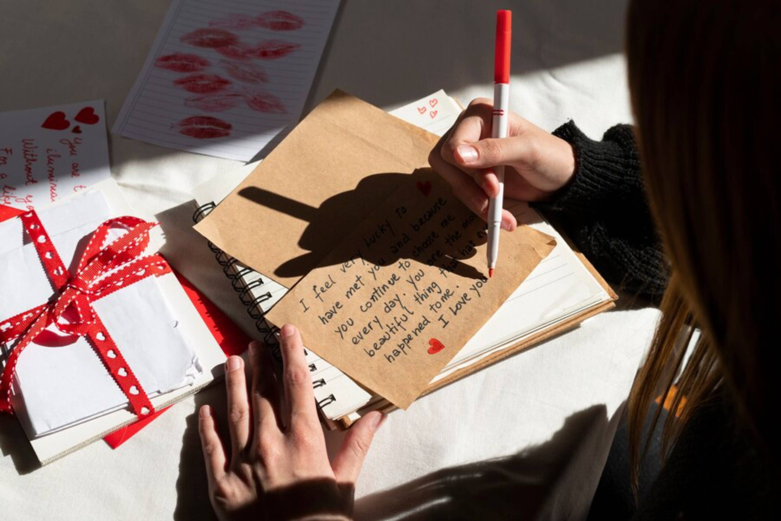 A person writes a heartfelt letter on a brown envelope, surrounded by wrapped gifts and love-themed stationery.