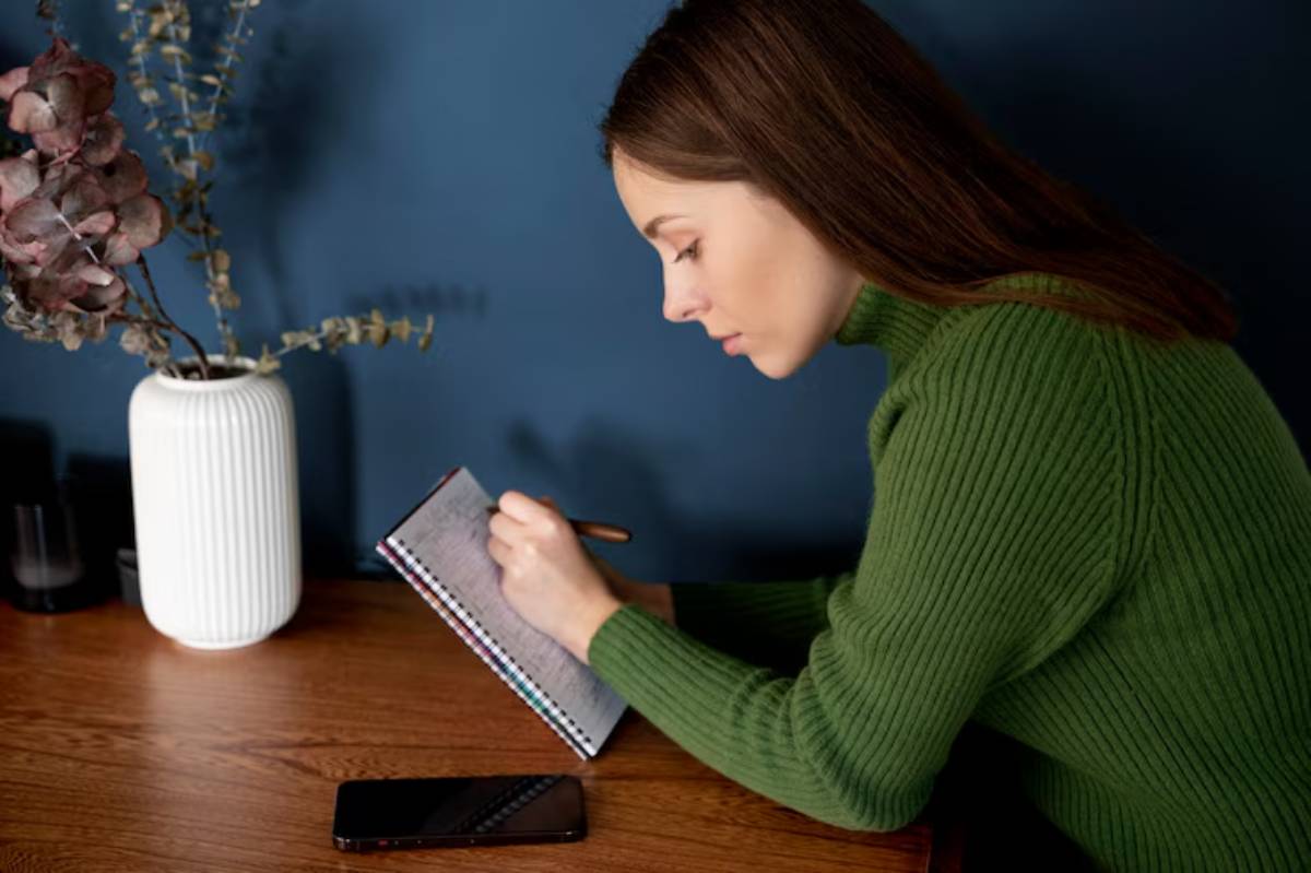 A person in a green sweater writes in a notebook on a wooden table beside a smartphone and a white vase with dried flowers.