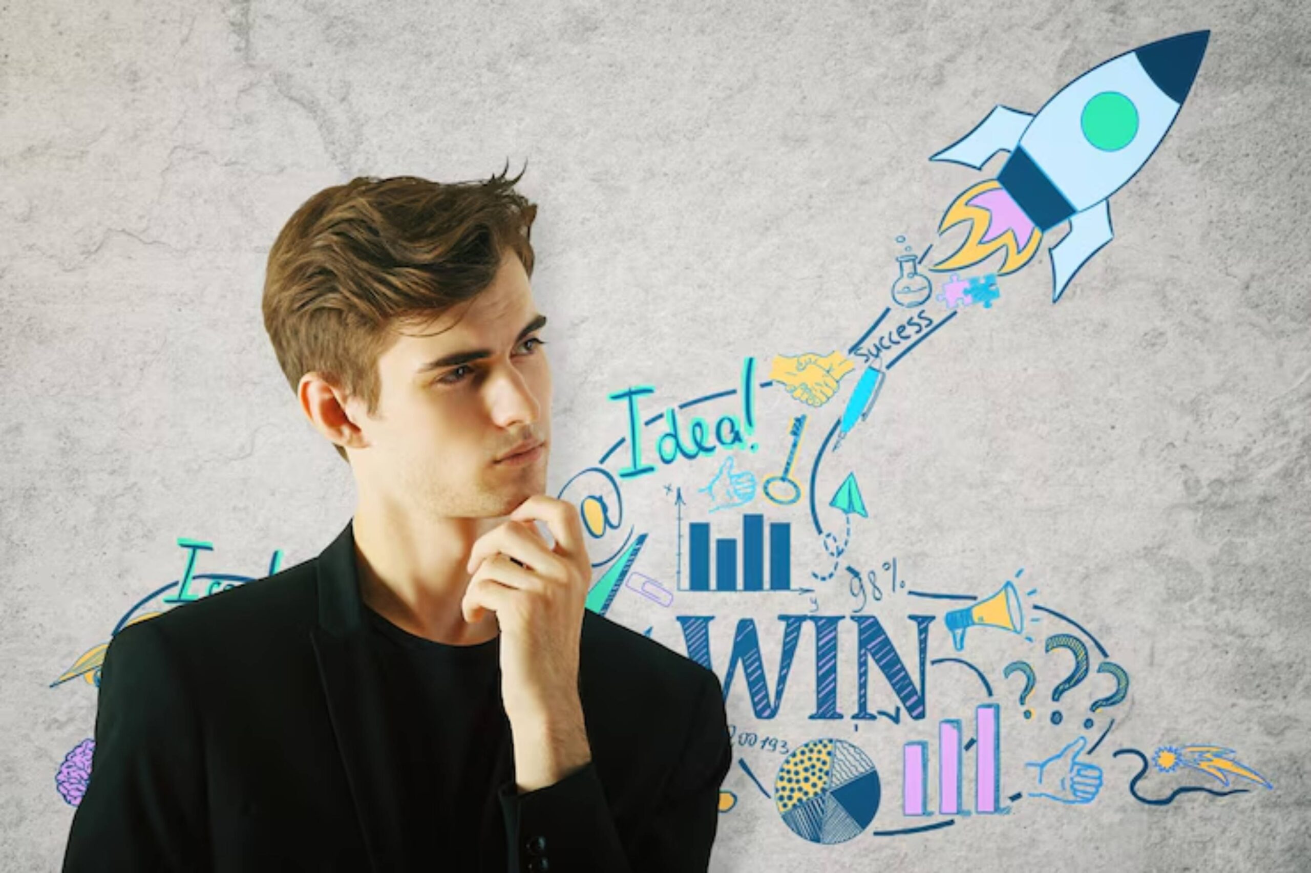 A person in a black blazer thoughtfully poses against a backdrop of colorful illustrations symbolizing ideas, success, and growth.