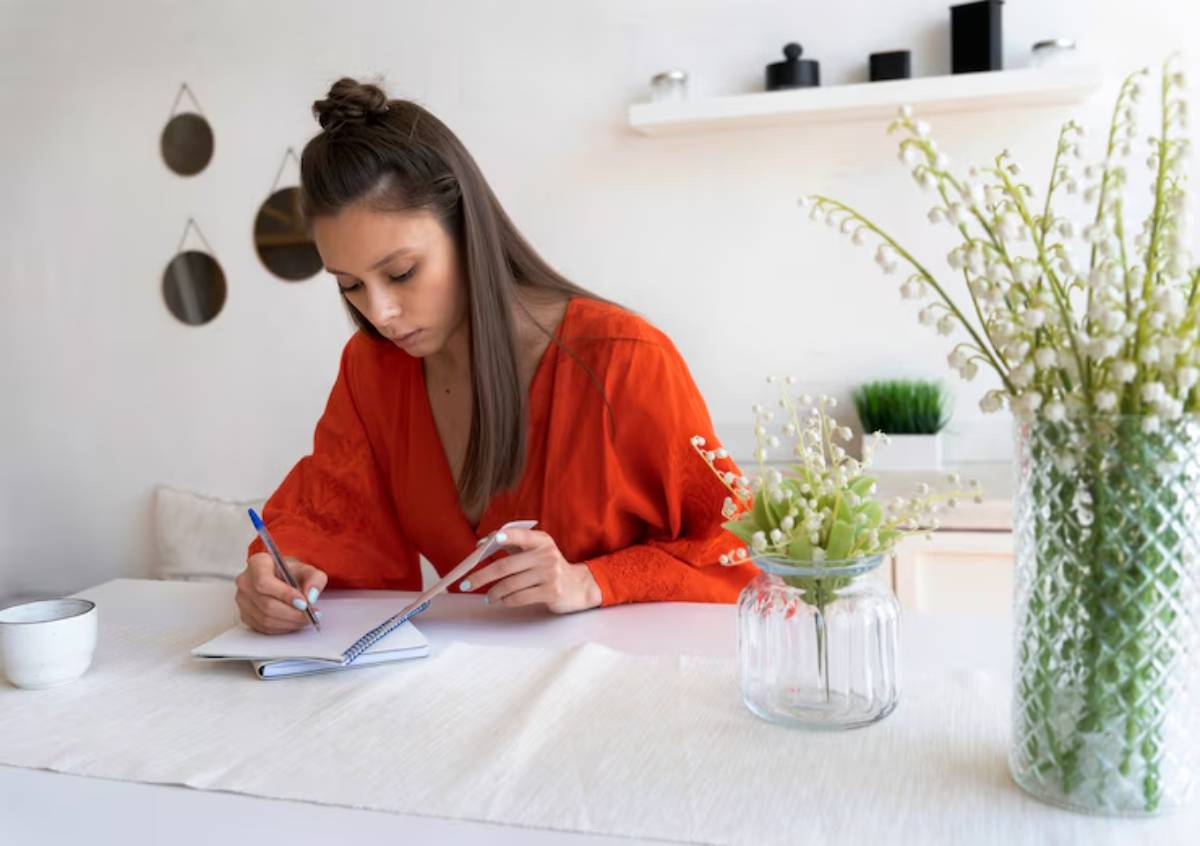 A person in an orange top writes in a notebook at a bright table adorned with plants and decor items, creating a cozy atmosphere.