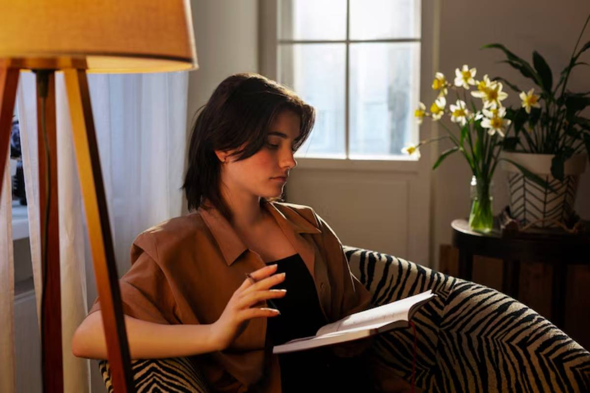 A person relaxes in a zebra-patterned chair, reading a book, surrounded by warm light, flowers, and a cozy atmosphere.