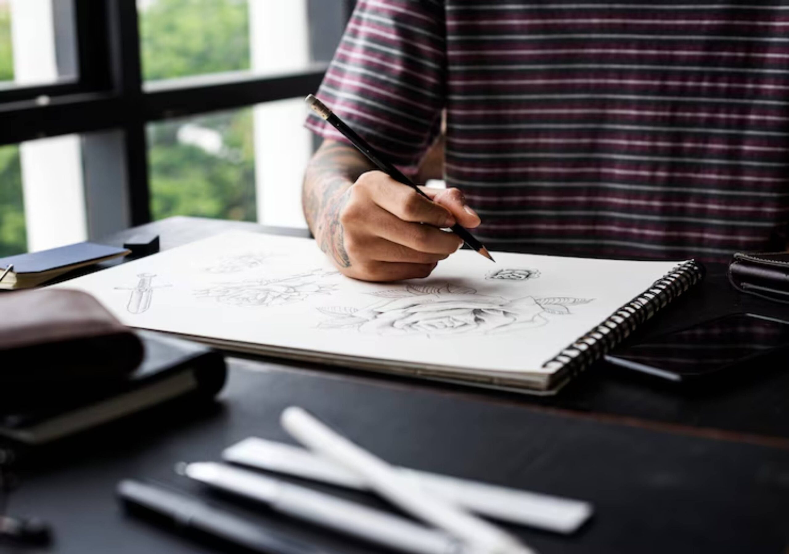 A person sketches floral designs in a notebook while seated at a table, surrounded by art supplies and a smartphone.