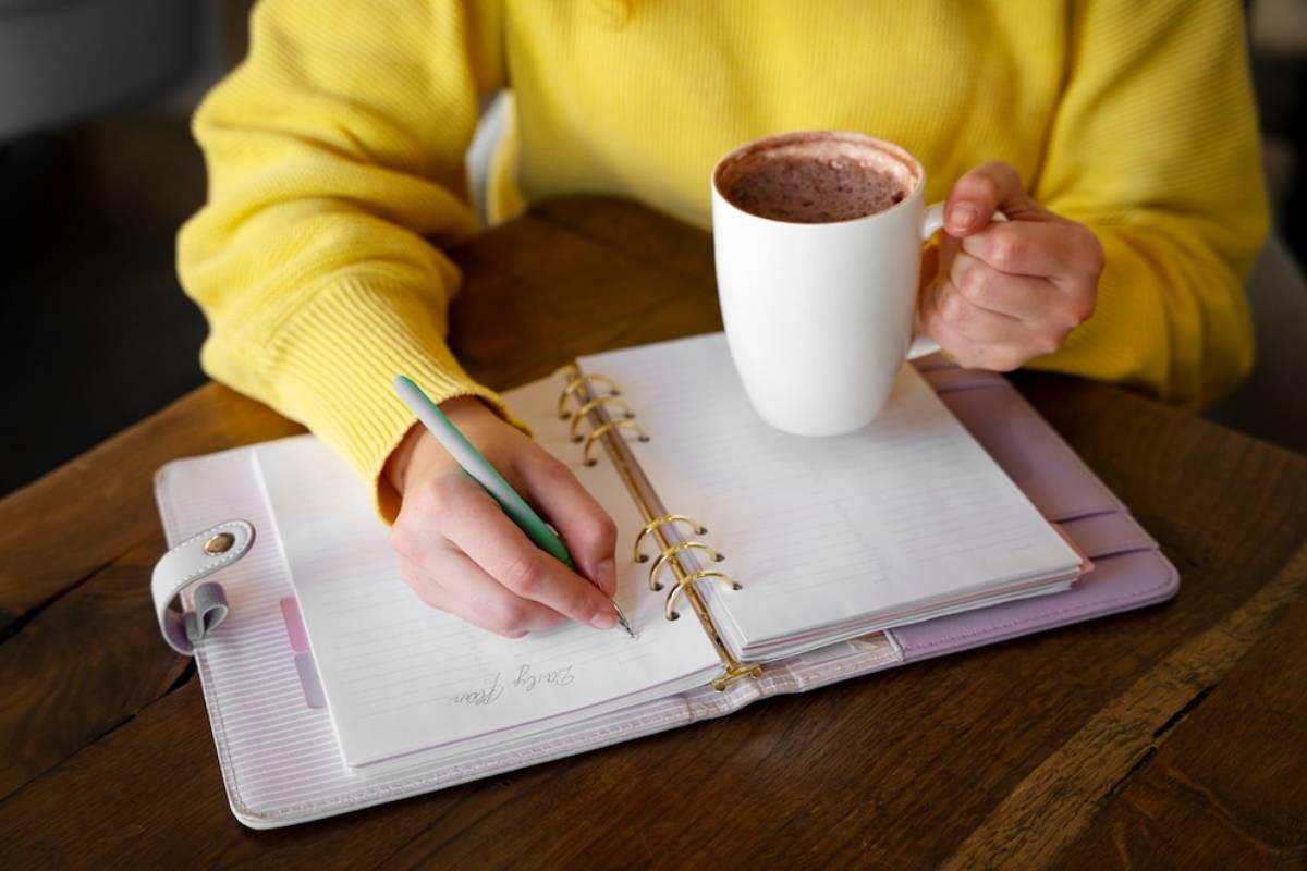 A person in a yellow sweater sips from a white mug while writing in a planner with a green pen on a wooden table.