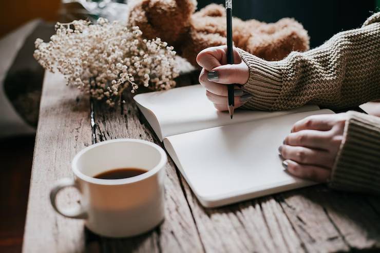 A person writes in a blank notebook with a pencil, surrounded by a cup of coffee, dried flowers, and a teddy bear on a wooden table.