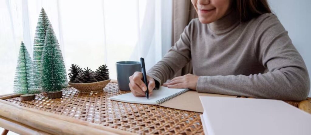 A woman in a gray turtleneck writes in a notebook at a rattan table, decorated with faux trees and pine cones, sipping from a mug.
