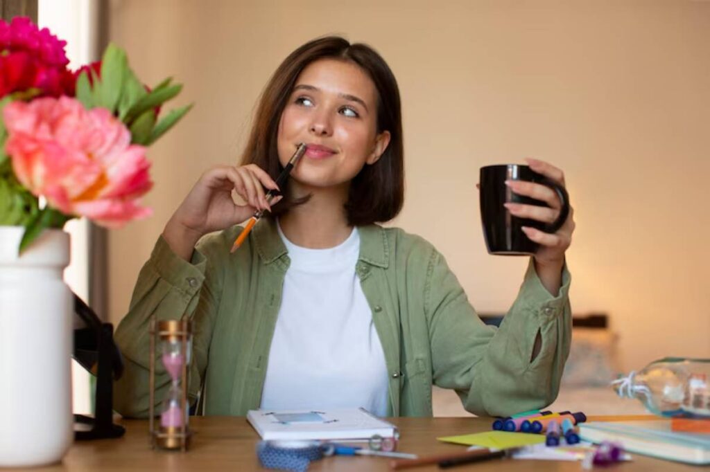 A person sitting at a desk, holding a black mug, surrounded by stationery, flowers, and an hourglass, in a cozy indoor setting.