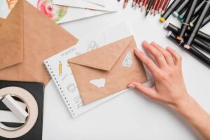 A hand reaches for a brown envelope featuring a pizza sticker, surrounded by art supplies and a sketchbook with doodles.