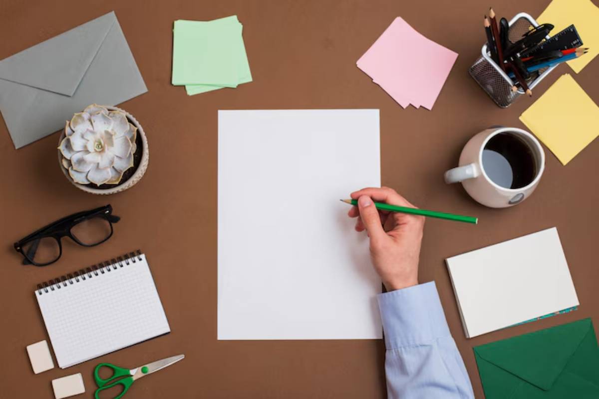 A hand holding a green pencil above a blank paper, surrounded by stationery, a coffee cup, and a small potted succulent.