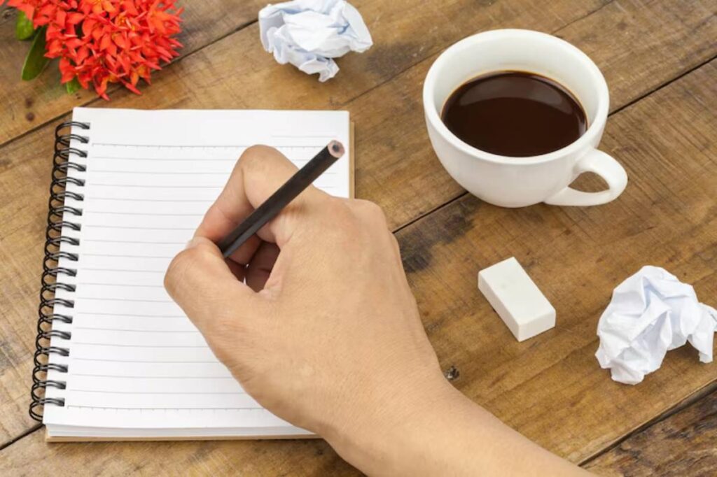 A hand holding a pencil writes in a spiral notebook beside a cup of coffee, an eraser, and crumpled paper on a wooden table.