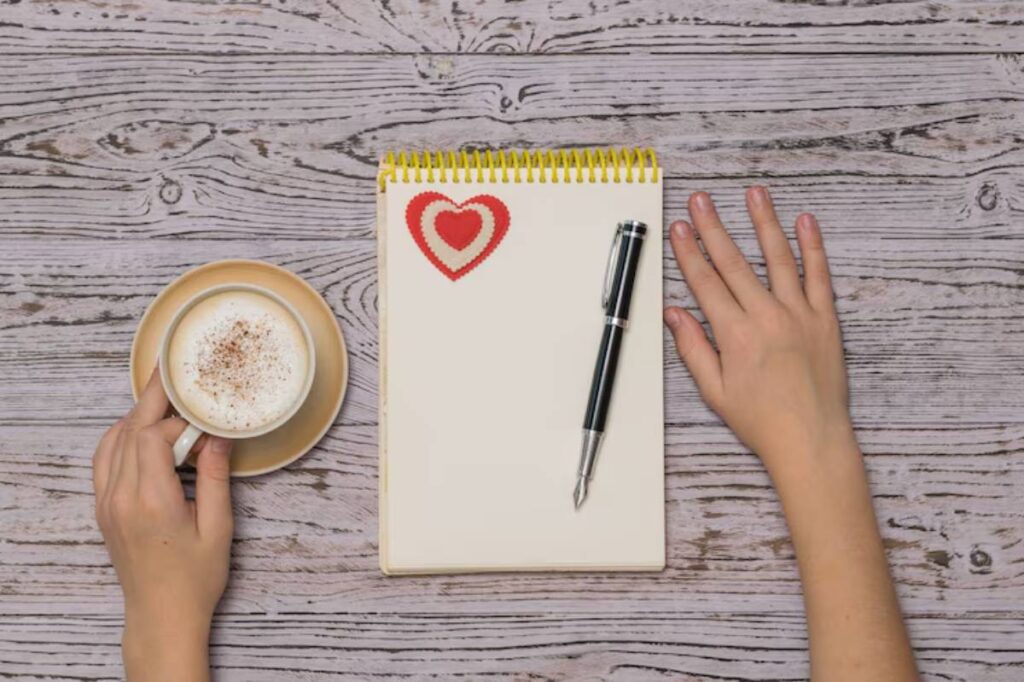 A hand holding a coffee cup next to an open notepad with a heart sticker, alongside a black pen on a wooden table surface.