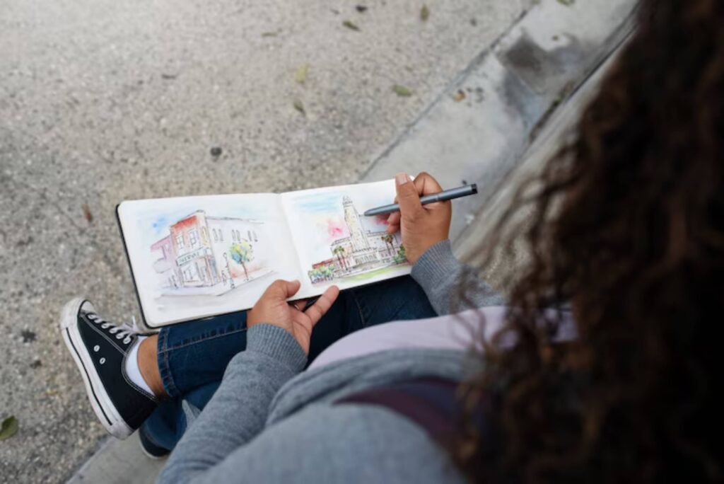 A person sketches buildings in a watercolor notebook, seated outdoors, with a focus on creativity and artistry.
