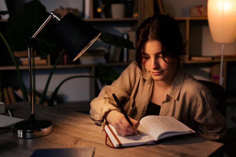 A person writes in a notebook under a desk lamp, surrounded by books and a warm, inviting atmosphere.