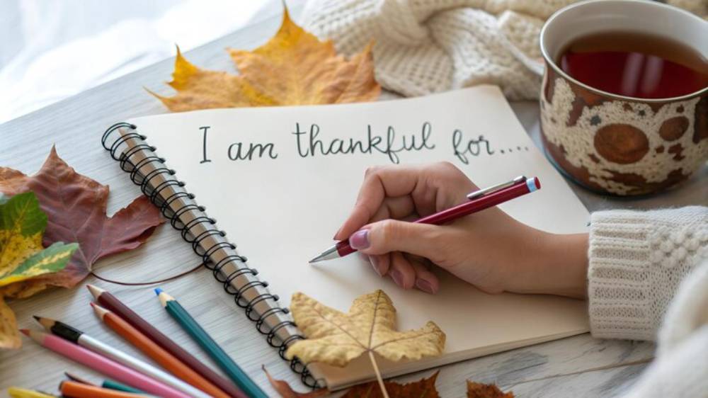 A hand writes I am thankful for... in a notebook surrounded by autumn leaves and a cup of tea on a cozy knit blanket.