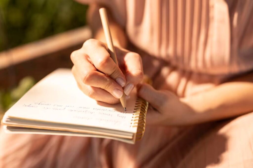 A person in a pink dress writes in a spiral notebook with a pencil, seated outdoors in a lush green setting.