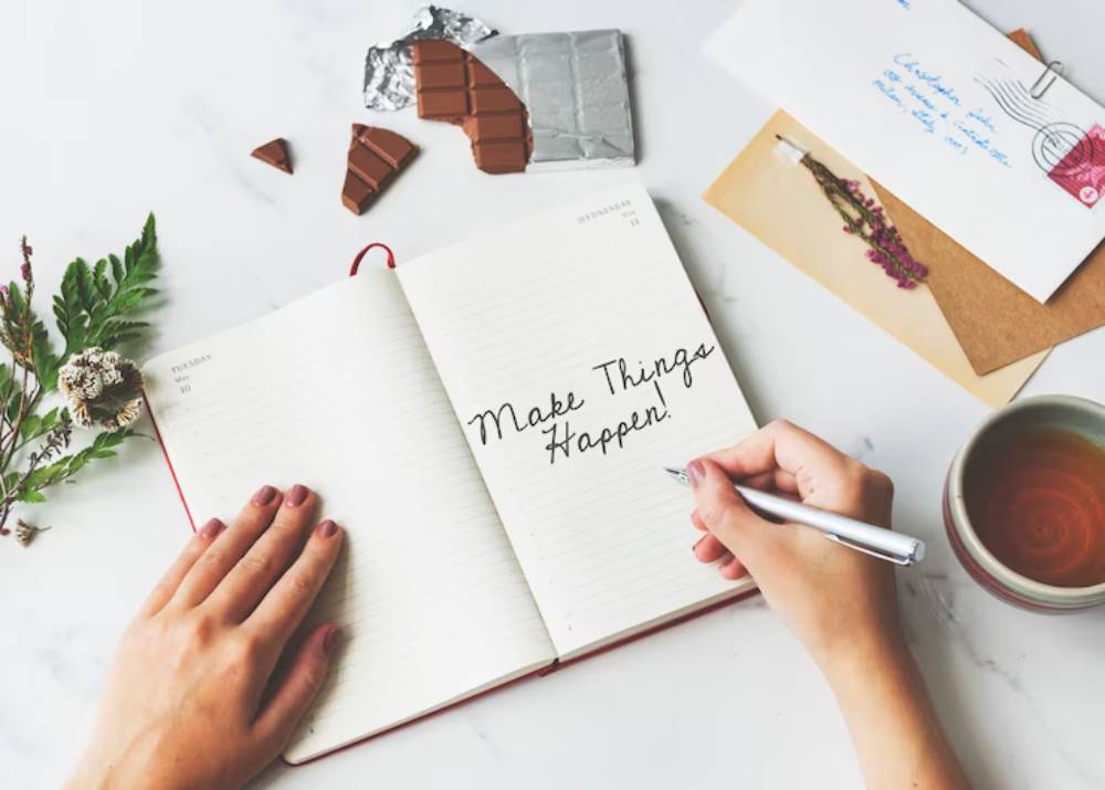 A hand writes Make Things Happen! in a notebook, surrounded by chocolate, a cup of tea, and decorative elements on a table.